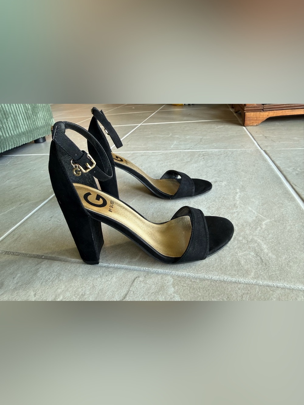 G by Guess Black Suede Ankle Strap Block Heels